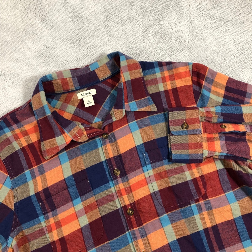 LL Bean Flannel Shirt Women's Large Petite Multicolor Plaid Cotton Button Up
